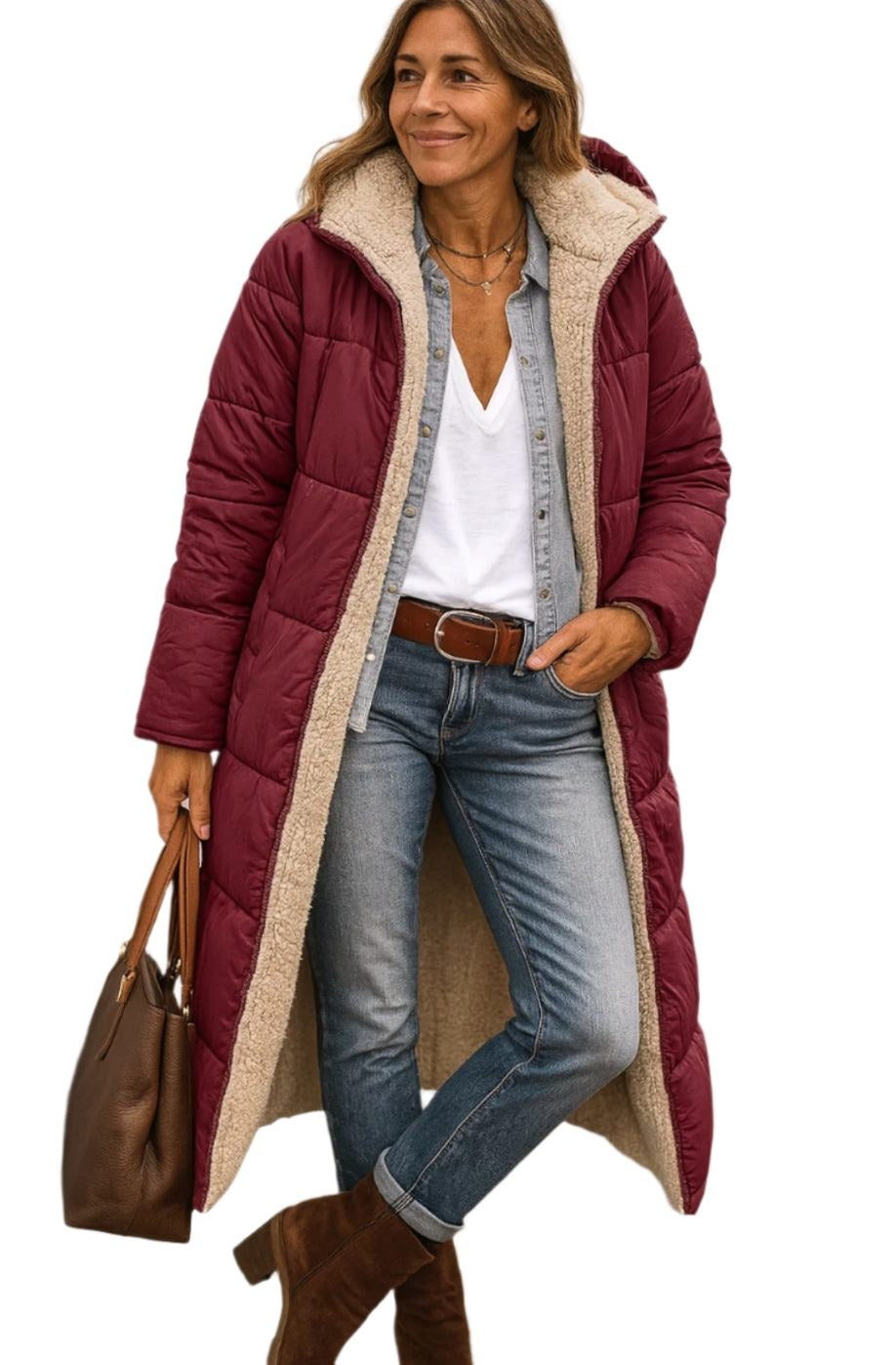Luisa | Women's Long Hooded Padded Coat, Sherpa-Lined Winter Coat | Everlasting Boutique | Black