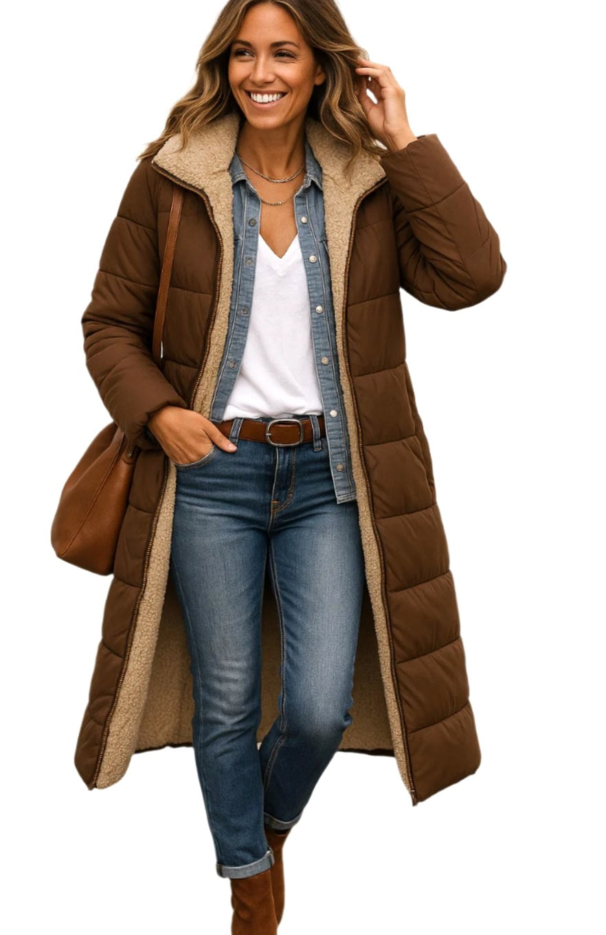 Luisa | Women's Long Hooded Padded Coat, Sherpa-Lined Winter Coat | Everlasting Boutique | Black