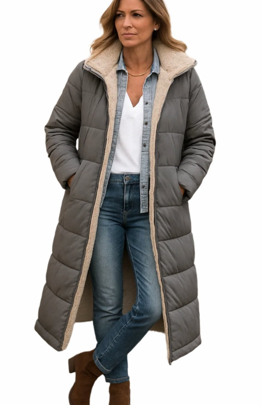 Luisa | Women's Long Hooded Padded Coat, Sherpa-Lined Winter Coat | Everlasting Boutique | Navy Blue