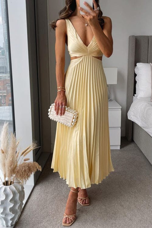 Maeva | Women's Pleated Satin Midi Dress, Flowing Evening Dress | Everlasting Boutique