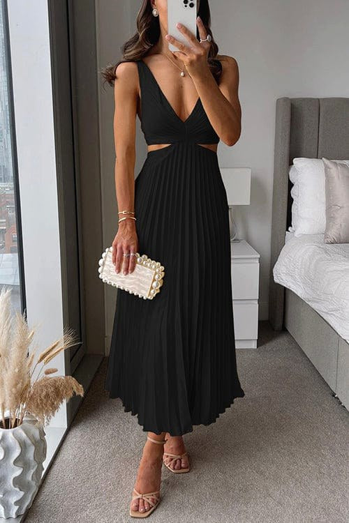 Maeva | Women's Pleated Satin Midi Dress, Flowing Evening Dress | Everlasting Boutique