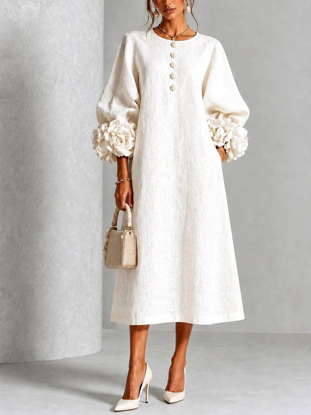 Margaret | Women's A-Line Midi Dress with Floral Cuffs | Everlasting Boutique