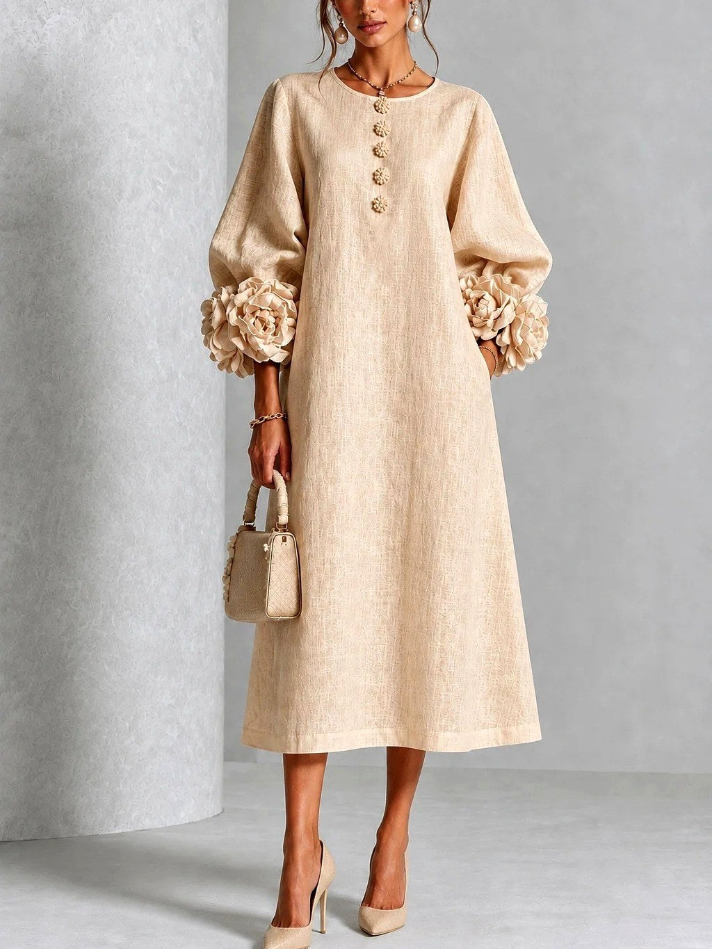 Margaret | Women's A-Line Midi Dress with Floral Cuffs | Everlasting Boutique