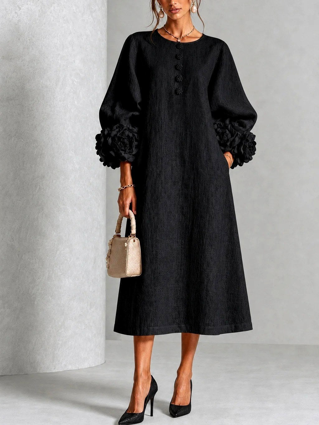 Margaret | Women's A-Line Midi Dress with Floral Cuffs | Everlasting Boutique