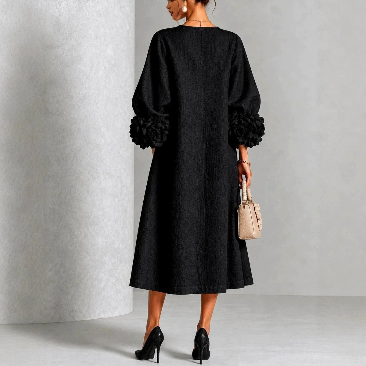 Margaret | Women's A-Line Midi Dress with Floral Cuffs | Everlasting Boutique