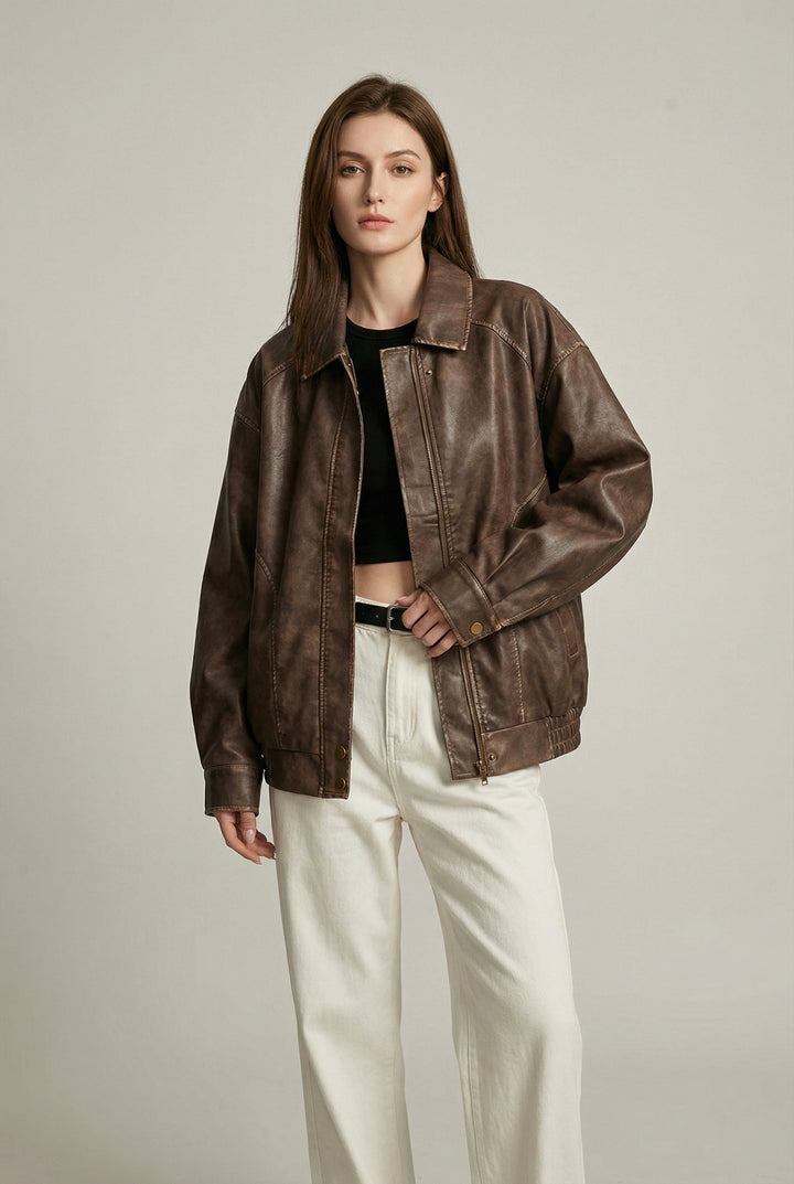 Margaux | Women's Oversized Faux Leather Jacket, Vintage Brown Outerwear | Everlasting Boutique