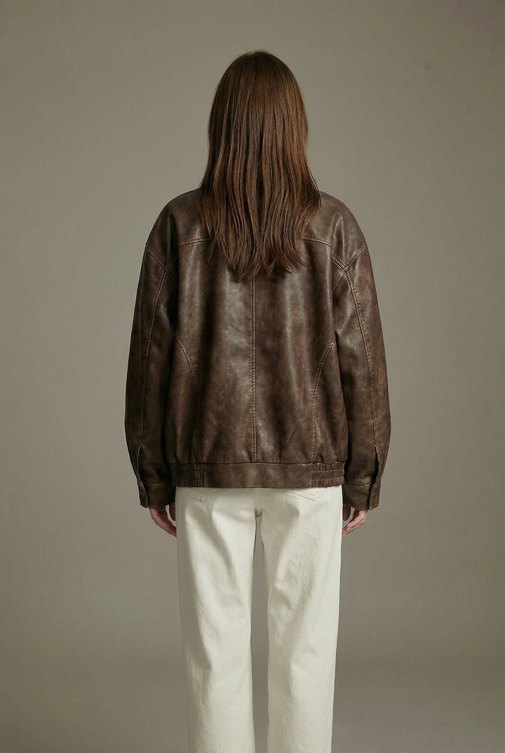 Margaux | Women's Oversized Faux Leather Jacket, Vintage Brown Outerwear | Everlasting Boutique