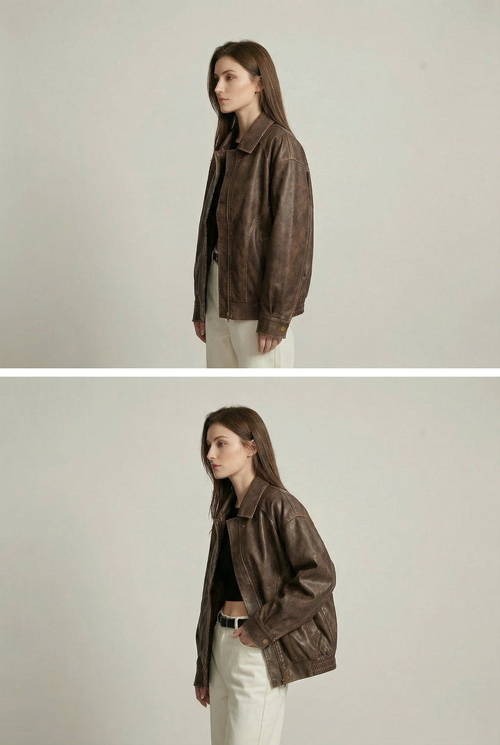 Margaux | Women's Oversized Faux Leather Jacket, Vintage Brown Outerwear | Everlasting Boutique