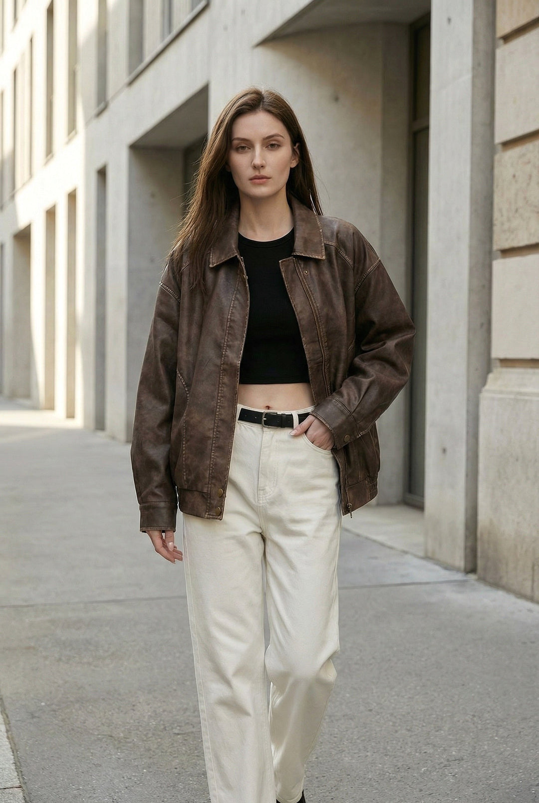 Margaux | Women's Oversized Faux Leather Jacket, Vintage Brown Outerwear | Everlasting Boutique