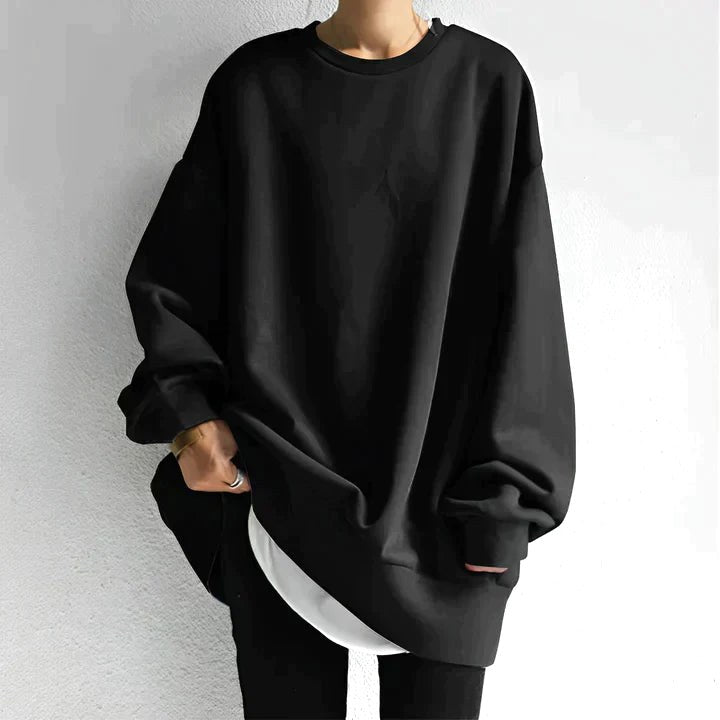 Marianne | Women's Oversized Crew Neck Tunic Sweater, Drop Shoulder Knitwear | Everlasting Boutique | Black
