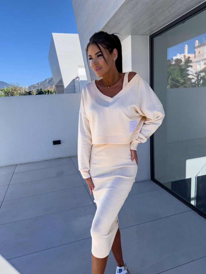 Mathilde | Women's Two-Piece Sweatshirt and Dress Set, Relaxed Layering Set | Everlasting Boutique | Cream