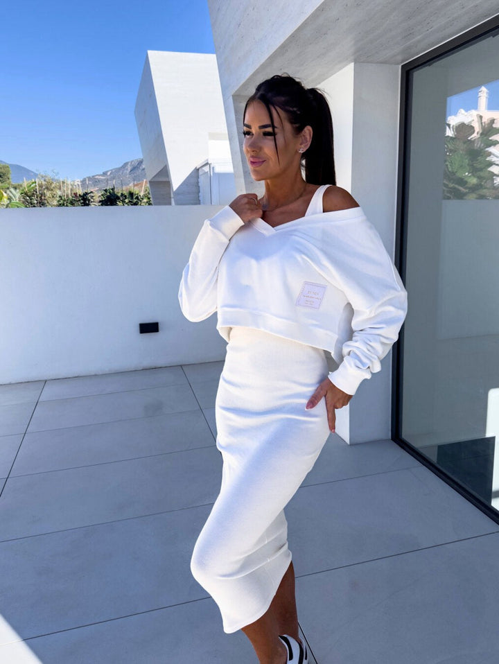 Mathilde | Women's Two-Piece Sweatshirt and Dress Set, Relaxed Layering Set | Everlasting Boutique | White