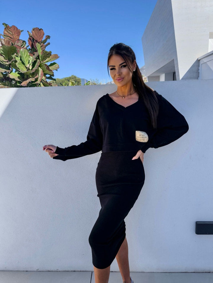 Mathilde | Women's Two-Piece Sweatshirt and Dress Set, Relaxed Layering Set | Everlasting Boutique | Black