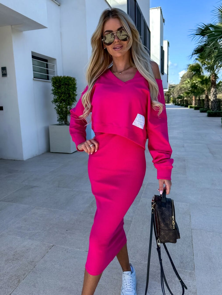 Mathilde | Women's Two-Piece Sweatshirt and Dress Set, Relaxed Layering Set | Everlasting Boutique | Fuchsia