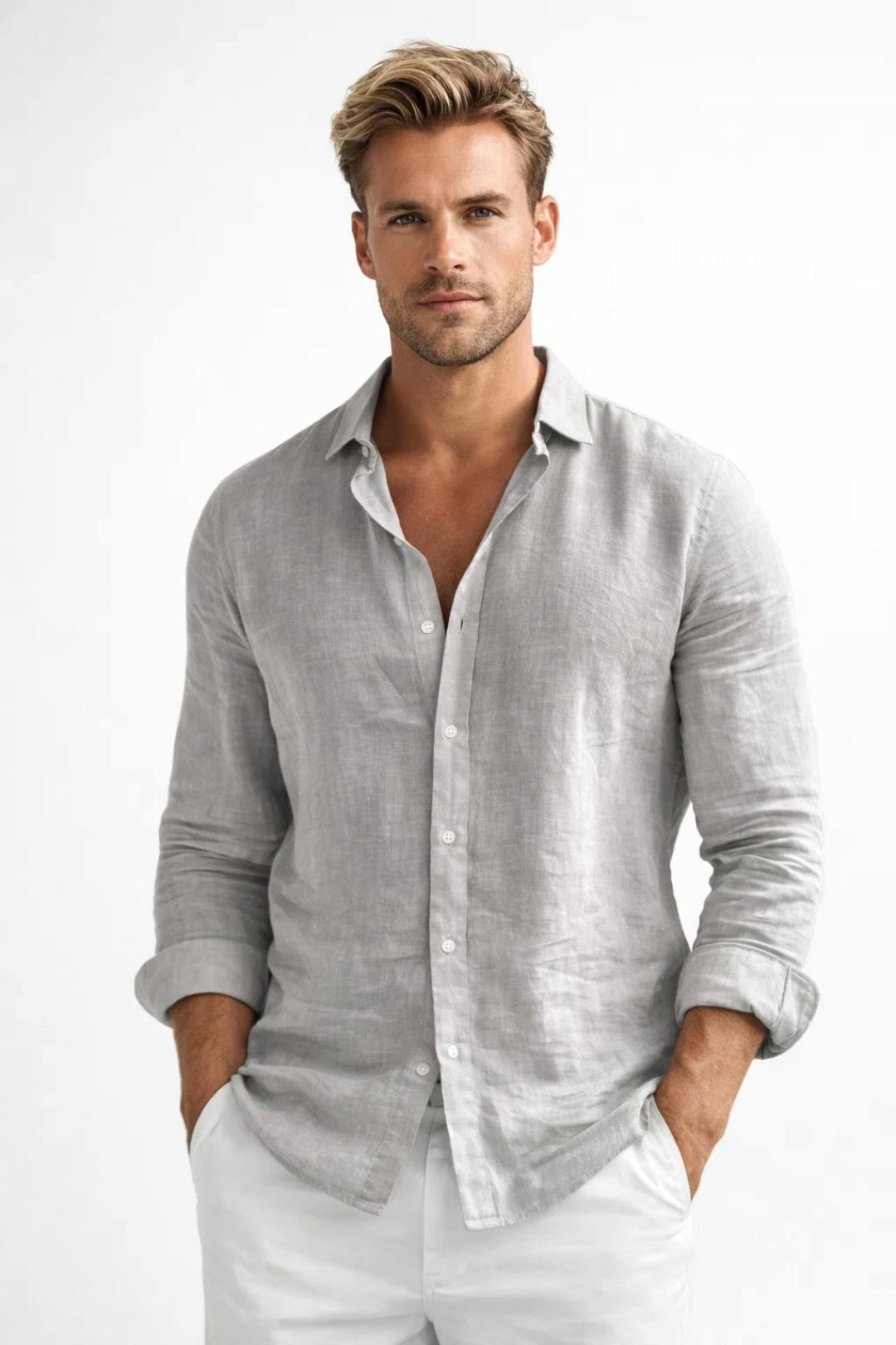 Matthew | Men's Linen Button-Down Shirt, Long Sleeve Relaxed Fit Shirt | Everlasting Boutique | Grey