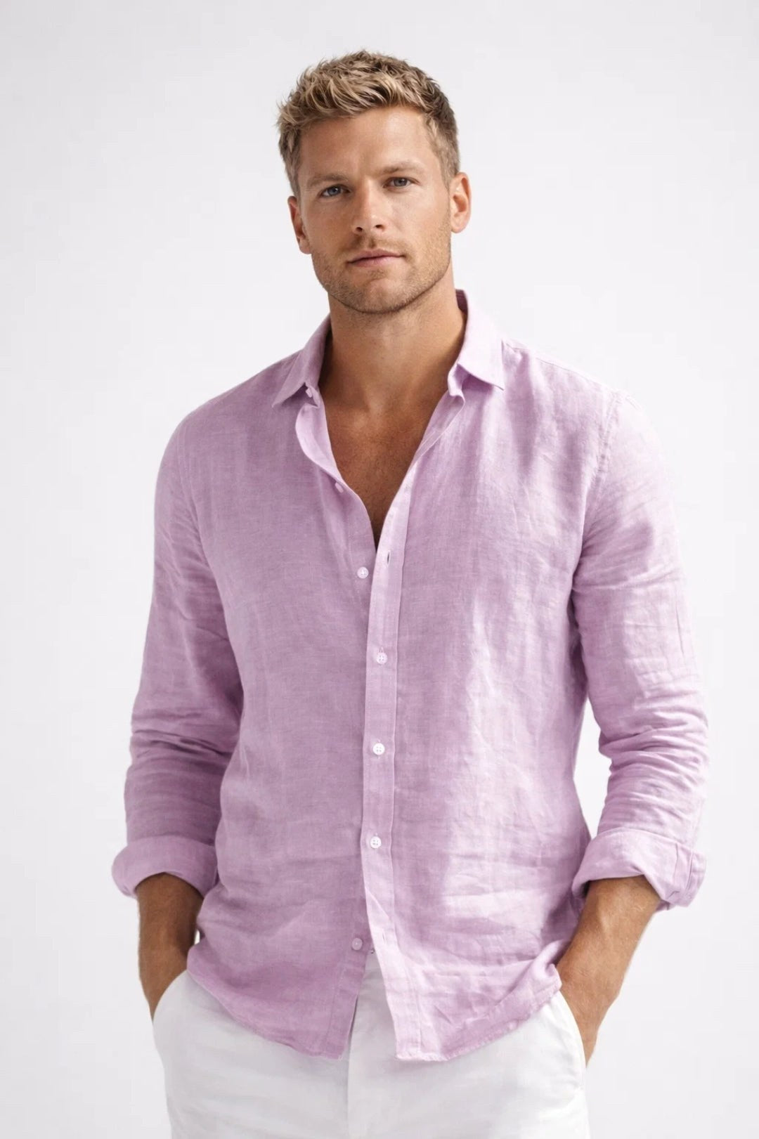Matthew | Men's Linen Button-Down Shirt, Long Sleeve Relaxed Fit Shirt | Everlasting Boutique | Pink