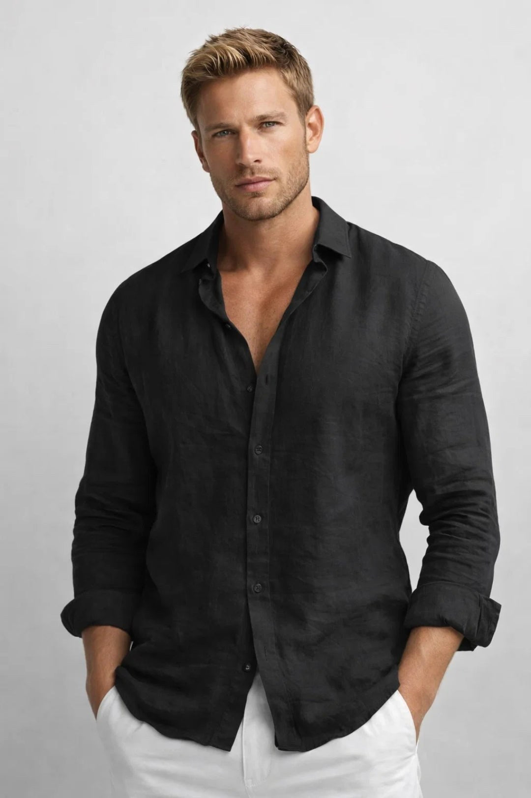 Matthew | Men's Linen Button-Down Shirt, Long Sleeve Relaxed Fit Shirt | Everlasting Boutique | Black