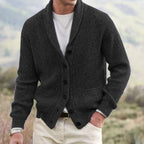 Michael | Men's Shawl Collar Cardigan with Button Front, Ribbed Knit Long Sleeve Cardigan | Everlasting Boutique | Black