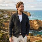 Michael | Men's Shawl Collar Cardigan with Button Front, Ribbed Knit Long Sleeve Cardigan | Everlasting Boutique | Khaki
