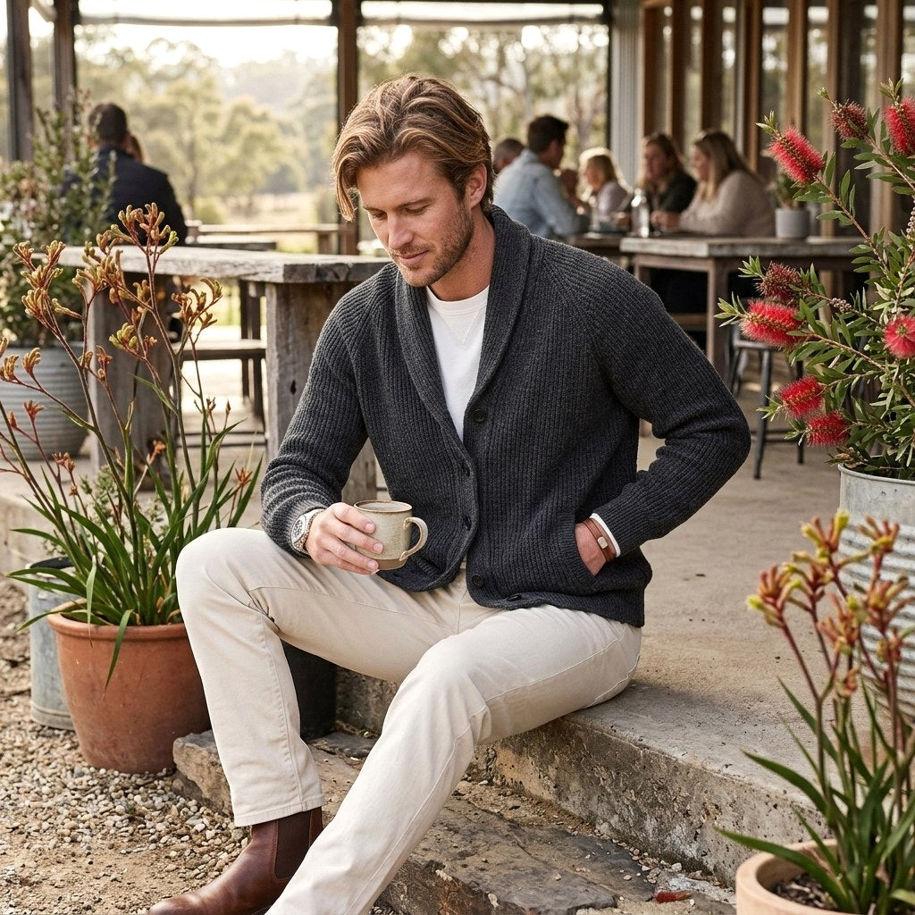 Michael | Men's Shawl Collar Cardigan with Button Front, Ribbed Knit Long Sleeve Cardigan | Everlasting Boutique | Grey
