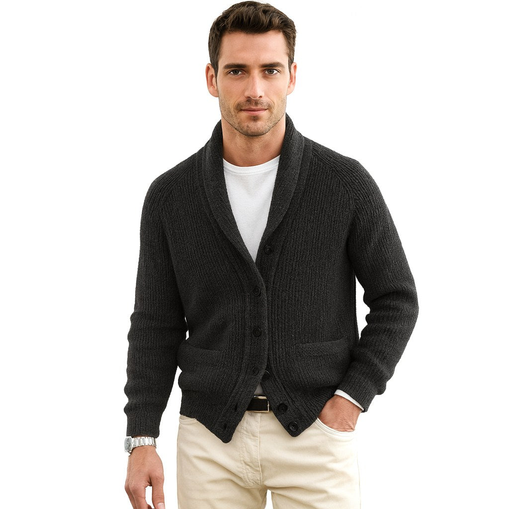 Michael | Men's Shawl Collar Cardigan with Button Front, Ribbed Knit Long Sleeve Cardigan | Everlasting Boutique