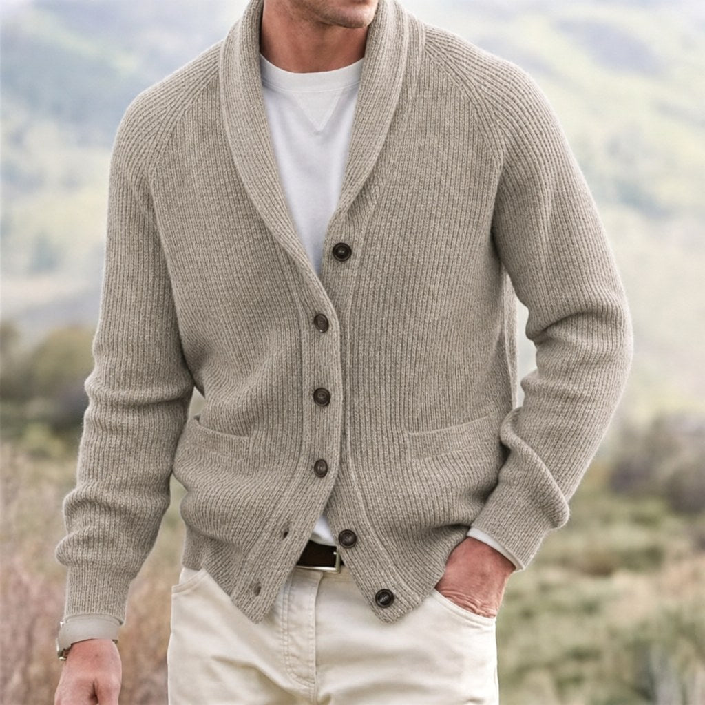 Michael | Men's Shawl Collar Cardigan with Button Front, Ribbed Knit Long Sleeve Cardigan | Everlasting Boutique