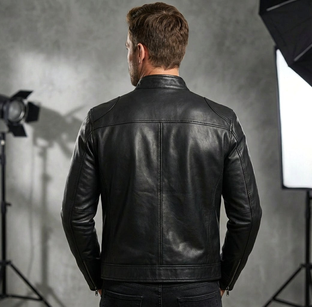 Nicholas | Men's Leather Jacket with Stand Collar, Biker Leather Jacket | Everlasting Boutique