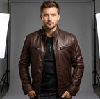 Nicholas | Men's Leather Jacket with Stand Collar, Biker Leather Jacket | Everlasting Boutique