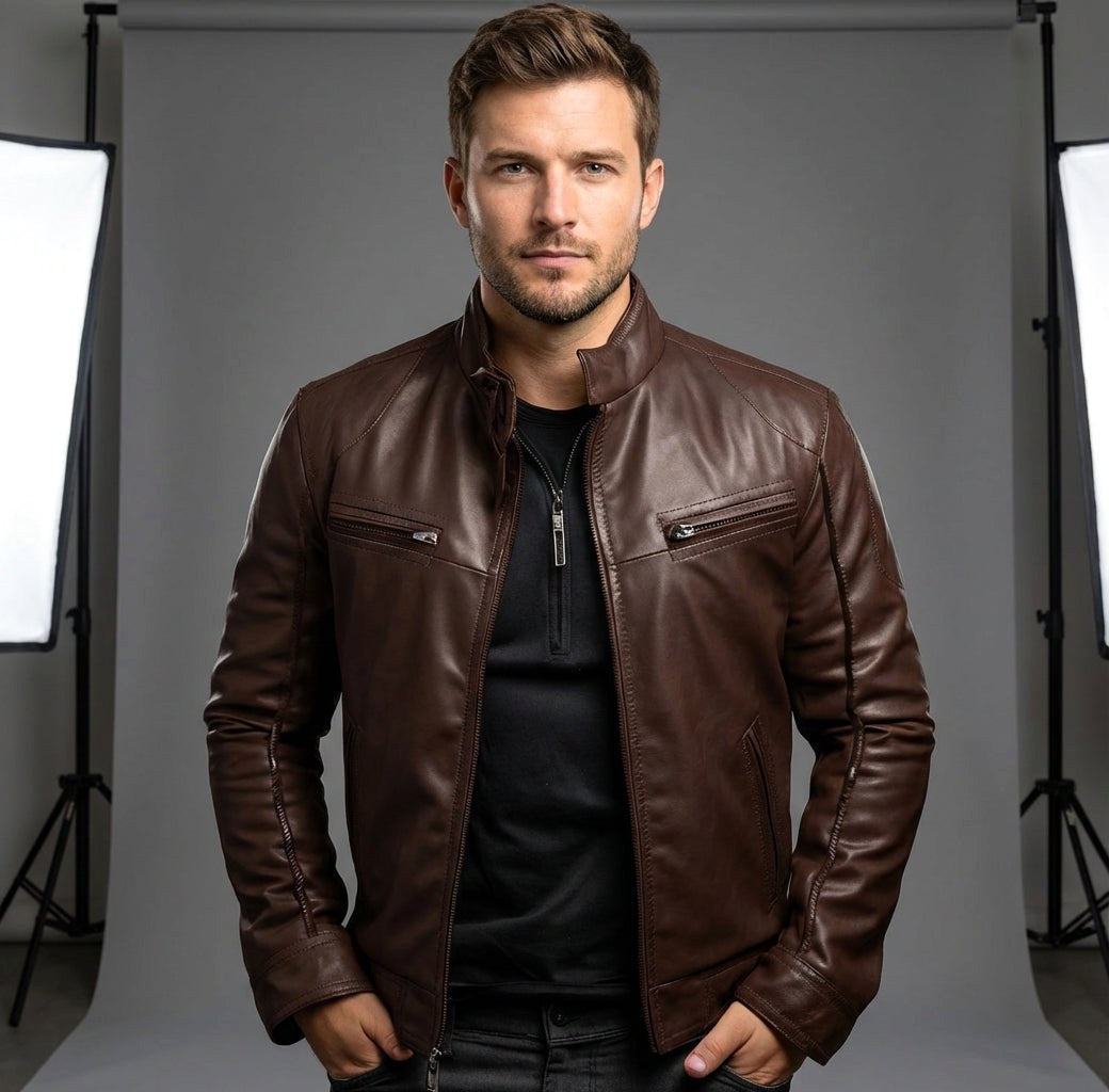 Nicholas | Men's Leather Jacket with Stand Collar, Biker Leather Jacket | Everlasting Boutique