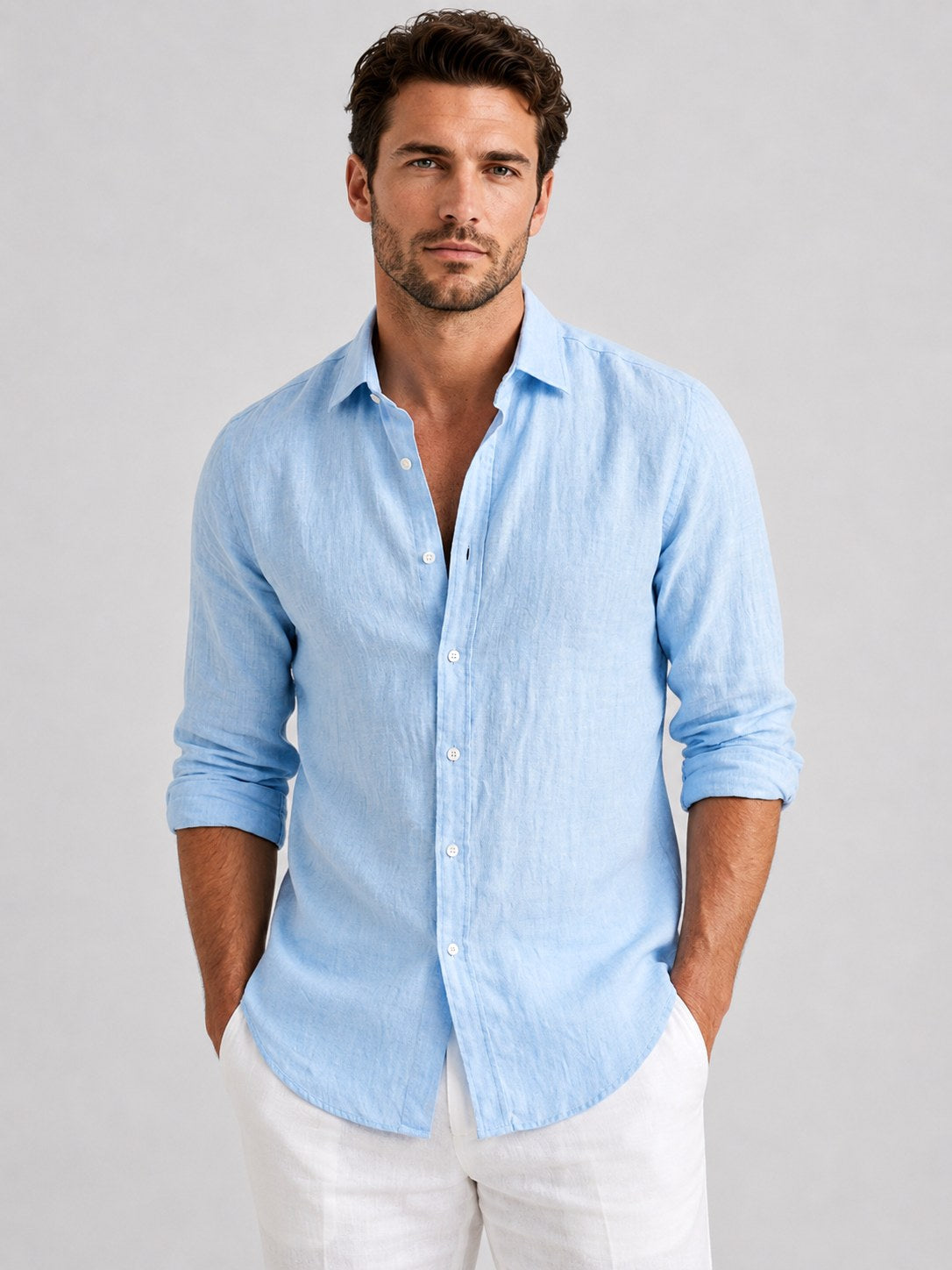 Mitchell | Men's Linen-Look Shirt, Relaxed Fit Button-Up | Everlasting Boutique | Light Blue