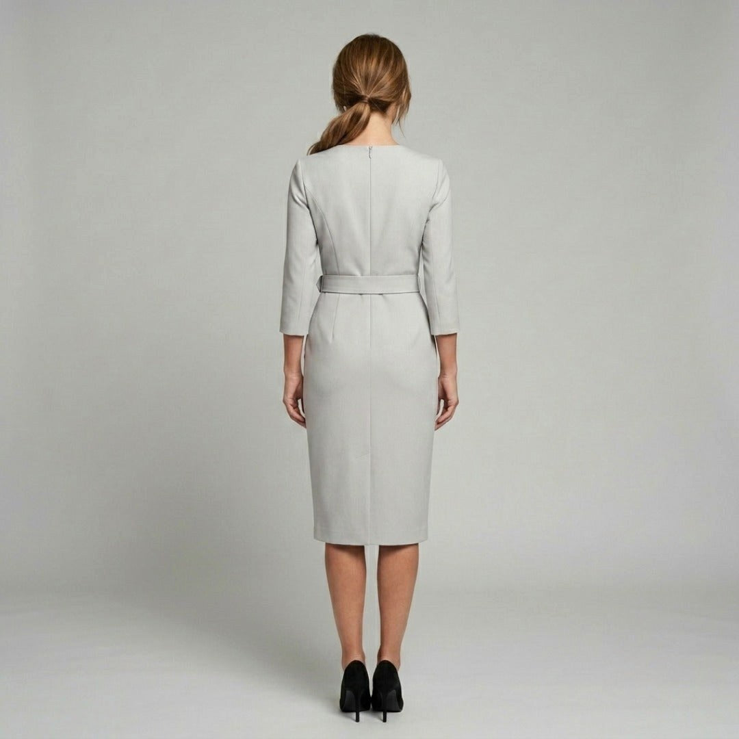 Molly | Women's Fitted Midi Dress with Belt and Three-Quarter Sleeves, V-Neck Midi Dress | Everlasting Boutique
