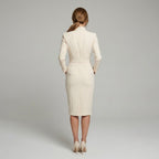 Molly | Women's Fitted Midi Dress with Belt and Three-Quarter Sleeves, V-Neck Midi Dress | Everlasting Boutique