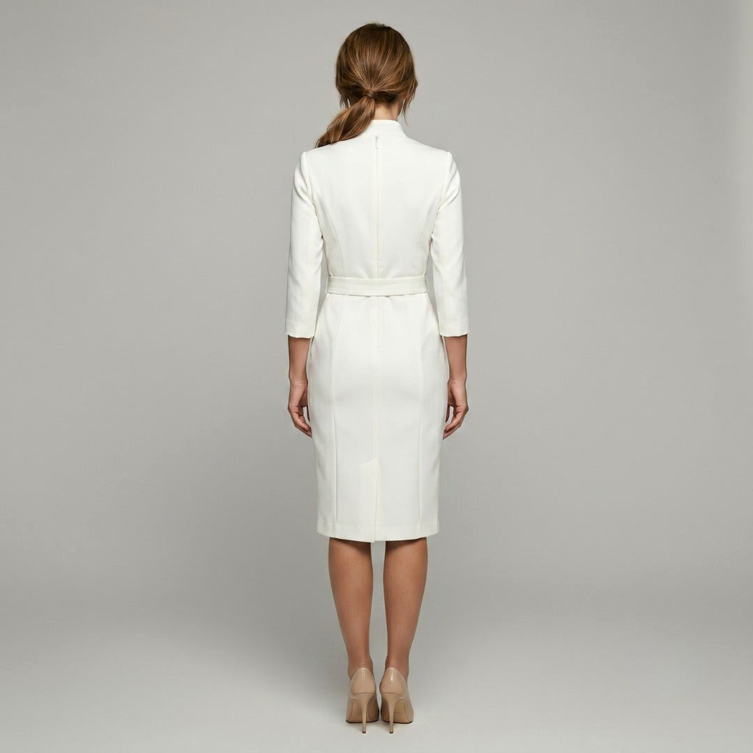 Molly | Women's Fitted Midi Dress with Belt and Three-Quarter Sleeves, V-Neck Midi Dress | Everlasting Boutique