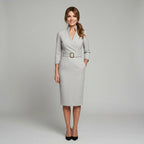 Molly | Women's Fitted Midi Dress with Belt and Three-Quarter Sleeves, V-Neck Midi Dress | Everlasting Boutique