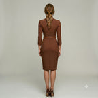 Molly | Women's Fitted Midi Dress with Belt and Three-Quarter Sleeves, V-Neck Midi Dress | Everlasting Boutique