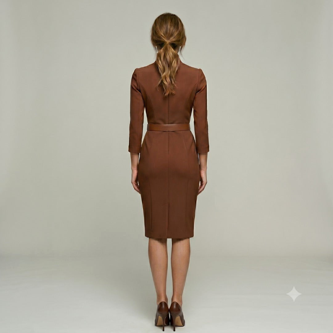 Molly | Women's Fitted Midi Dress with Belt and Three-Quarter Sleeves, V-Neck Midi Dress | Everlasting Boutique