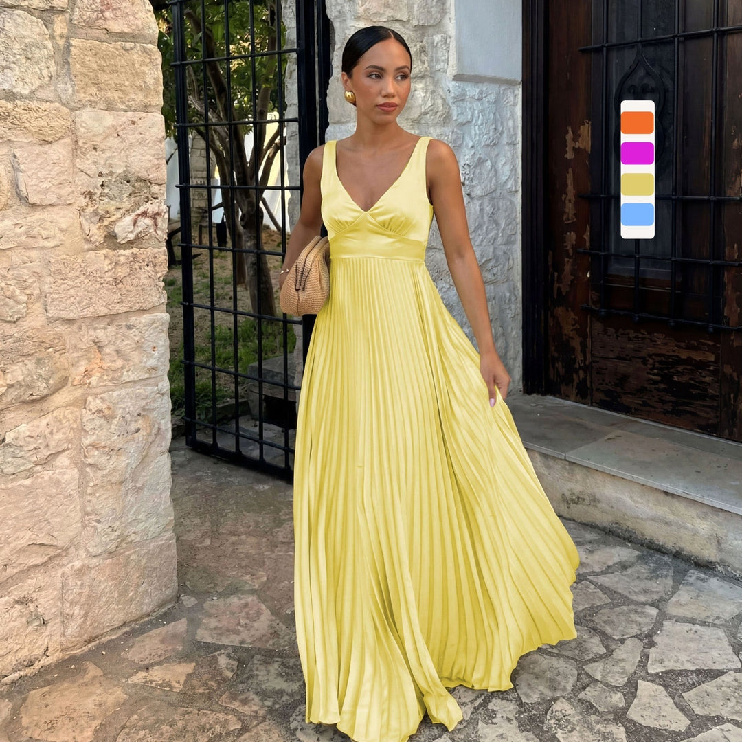 Monique | Women's Pleated Maxi Dress with V-Neckline, Formal Wedding Guest Dress | Everlasting Boutique | Magenta