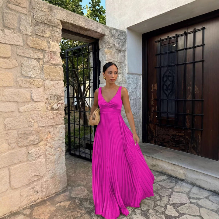 Monique | Women's Pleated Maxi Dress with V-Neckline, Formal Wedding Guest Dress | Everlasting Boutique | Teal