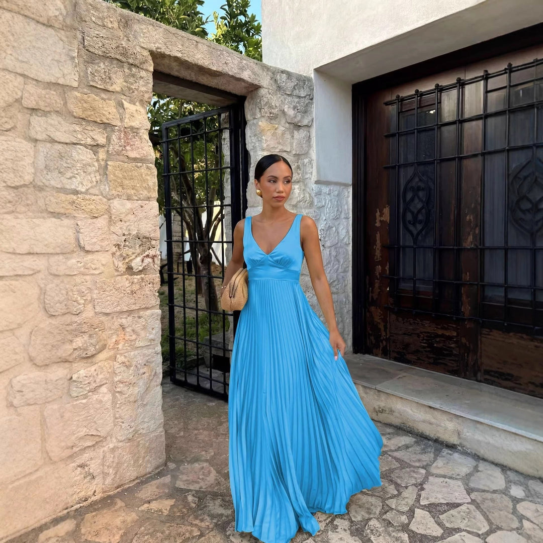 Monique | Women's Pleated Maxi Dress with V-Neckline, Formal Wedding Guest Dress | Everlasting Boutique | Orange-Red