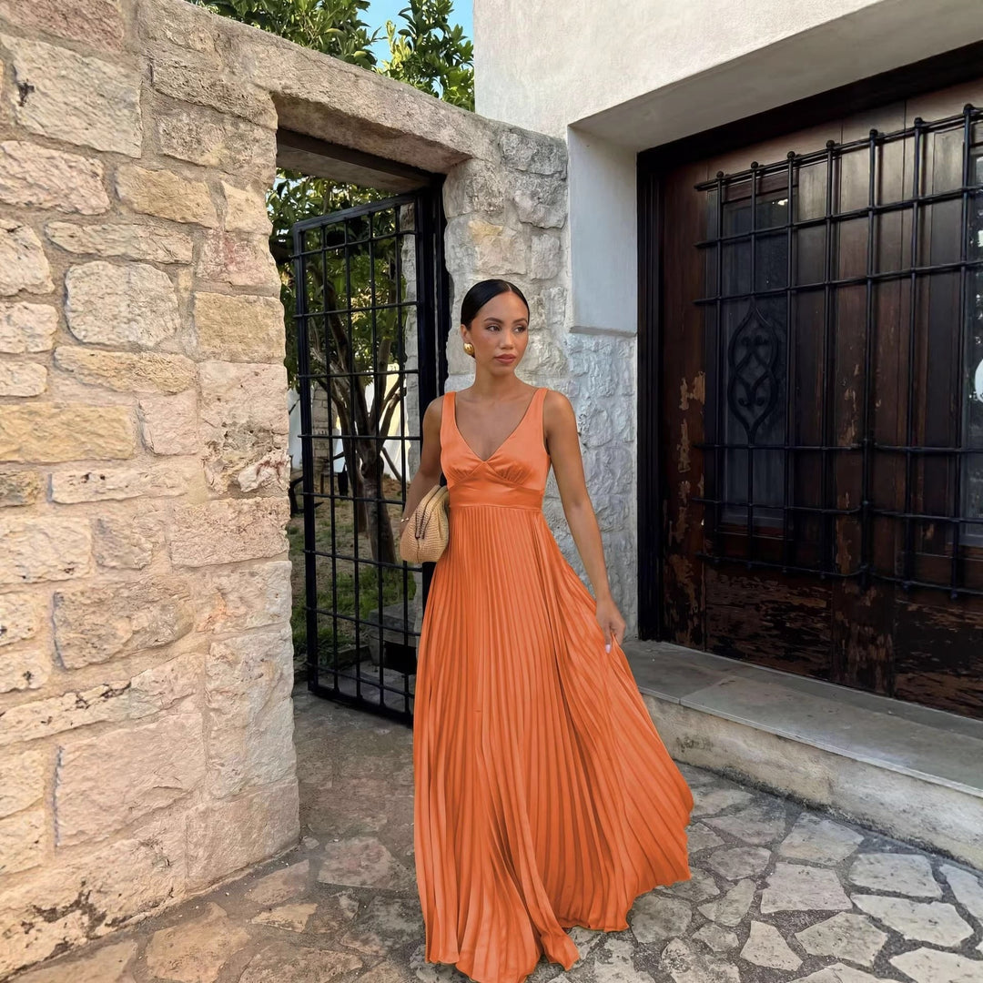 Monique | Women's Pleated Maxi Dress with V-Neckline, Formal Wedding Guest Dress | Everlasting Boutique | Yellow
