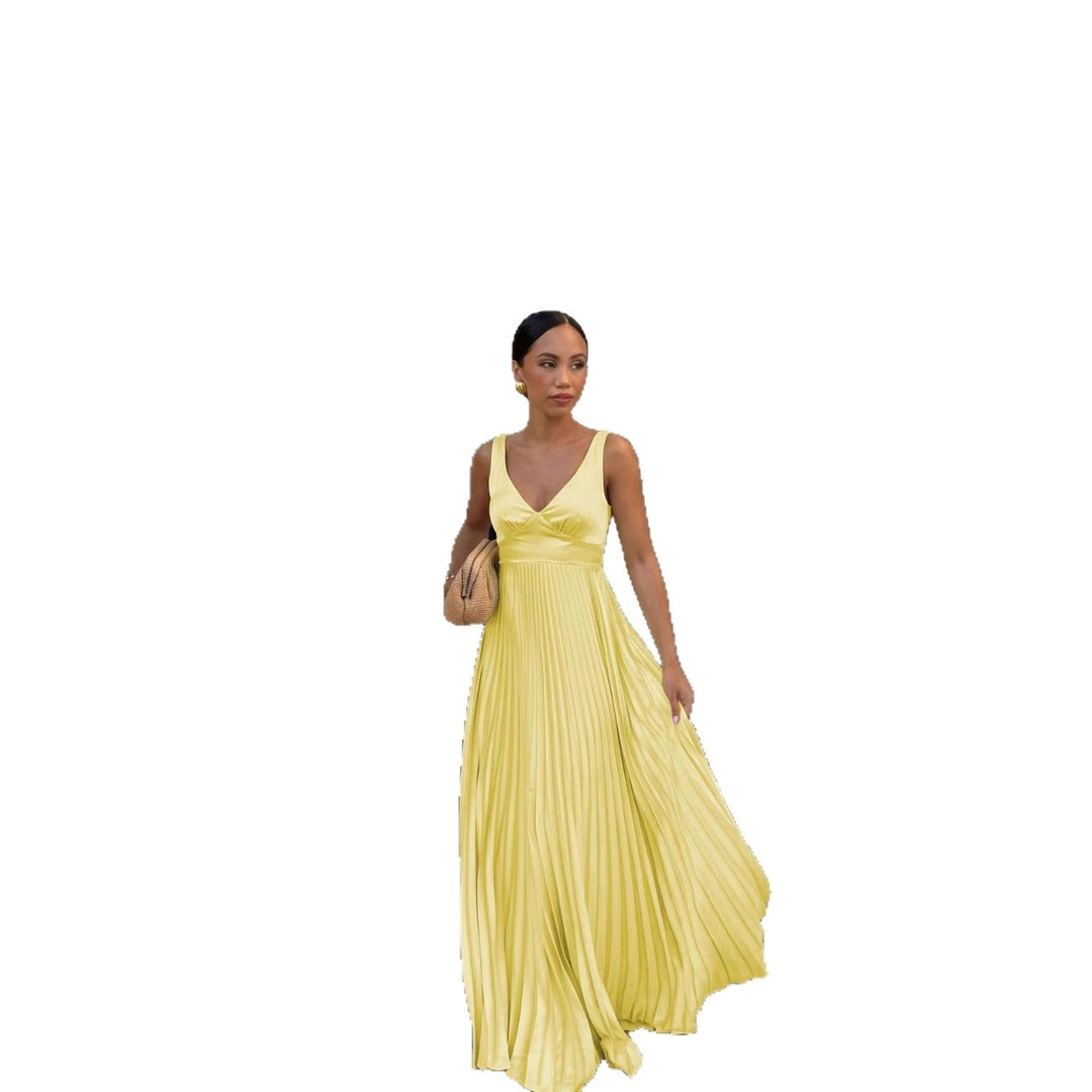 Monique | Women's Pleated Maxi Dress with V-Neckline, Formal Wedding Guest Dress | Everlasting Boutique