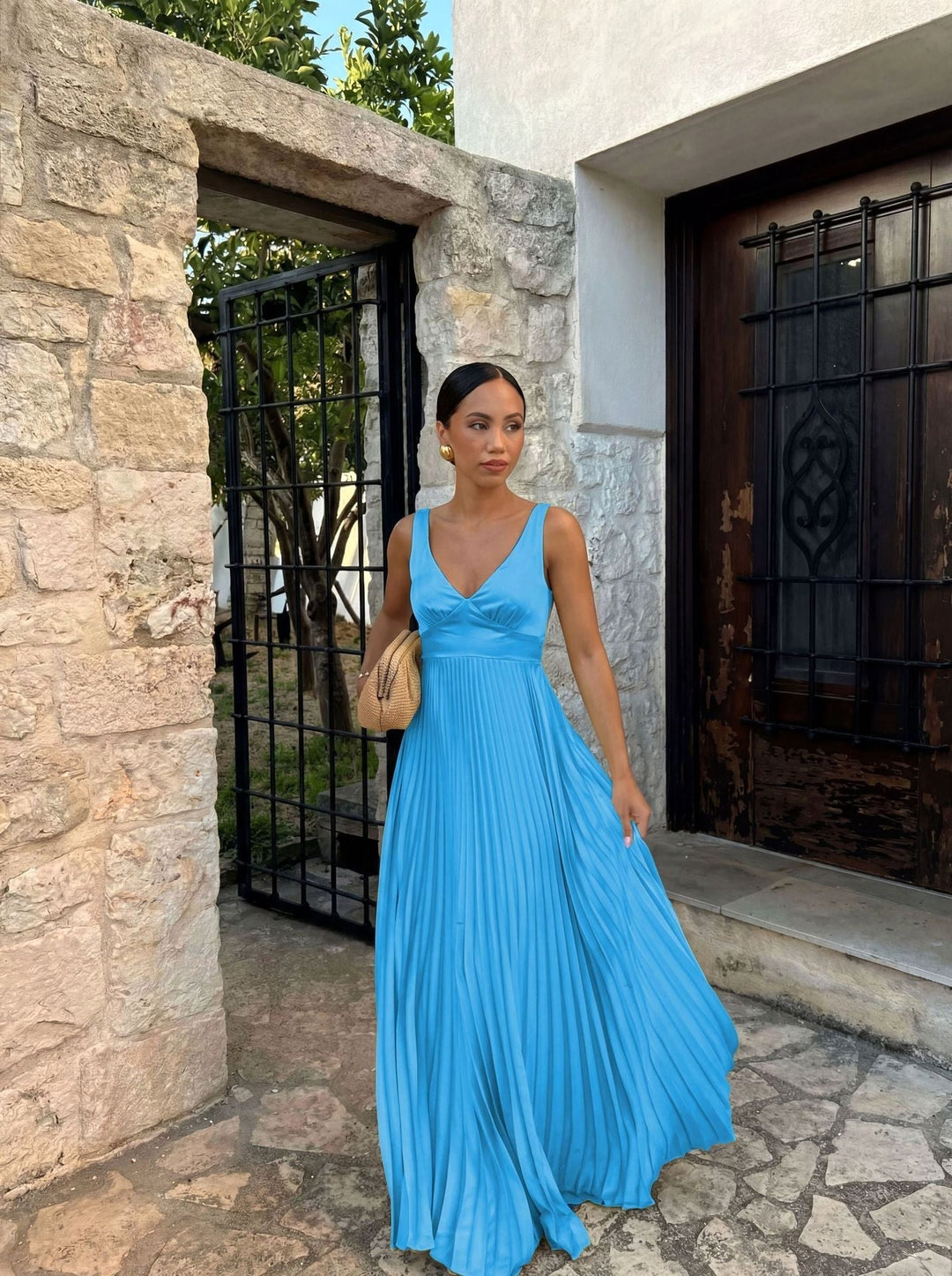 Monique | Women's Pleated Maxi Dress with V-Neckline, Formal Wedding Guest Dress | Everlasting Boutique