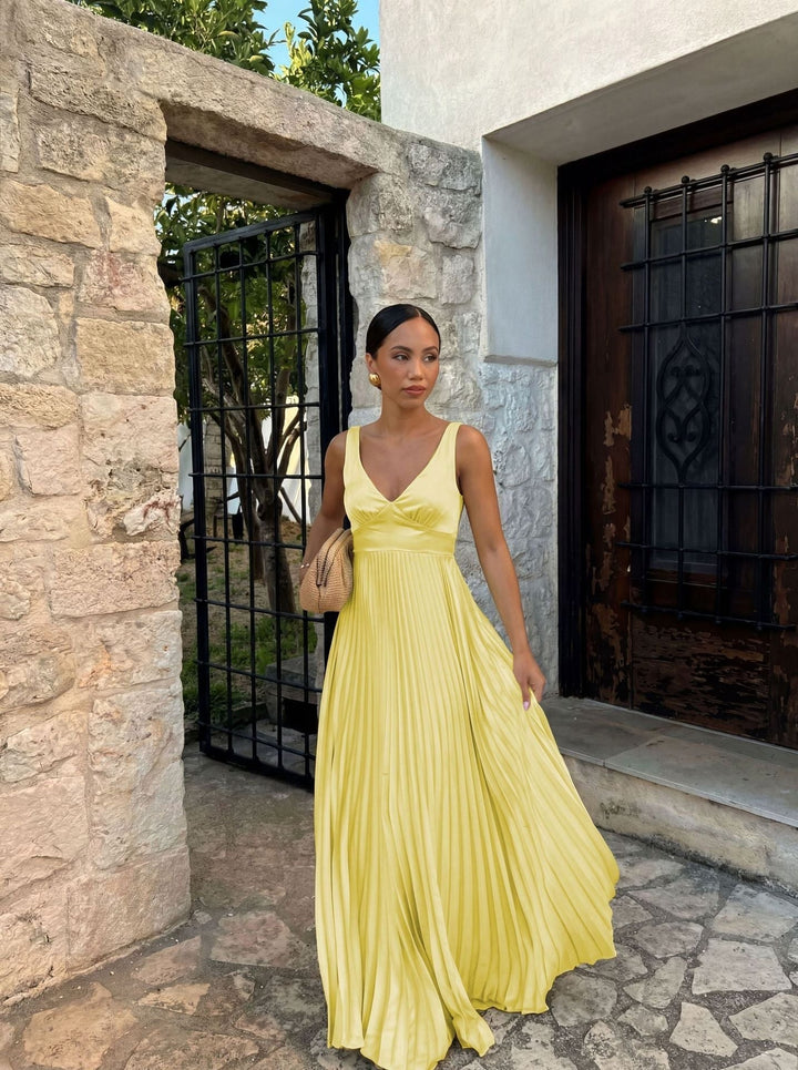 Monique | Women's Pleated Maxi Dress with V-Neckline, Formal Wedding Guest Dress | Everlasting Boutique