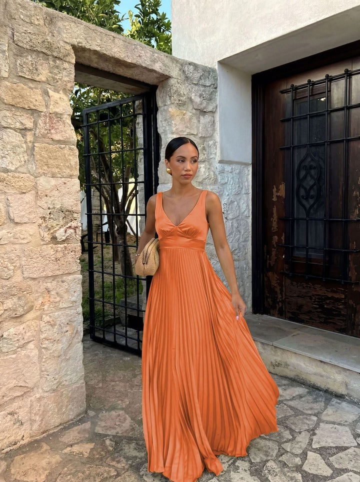 Monique | Women's Pleated Maxi Dress with V-Neckline, Formal Wedding Guest Dress | Everlasting Boutique