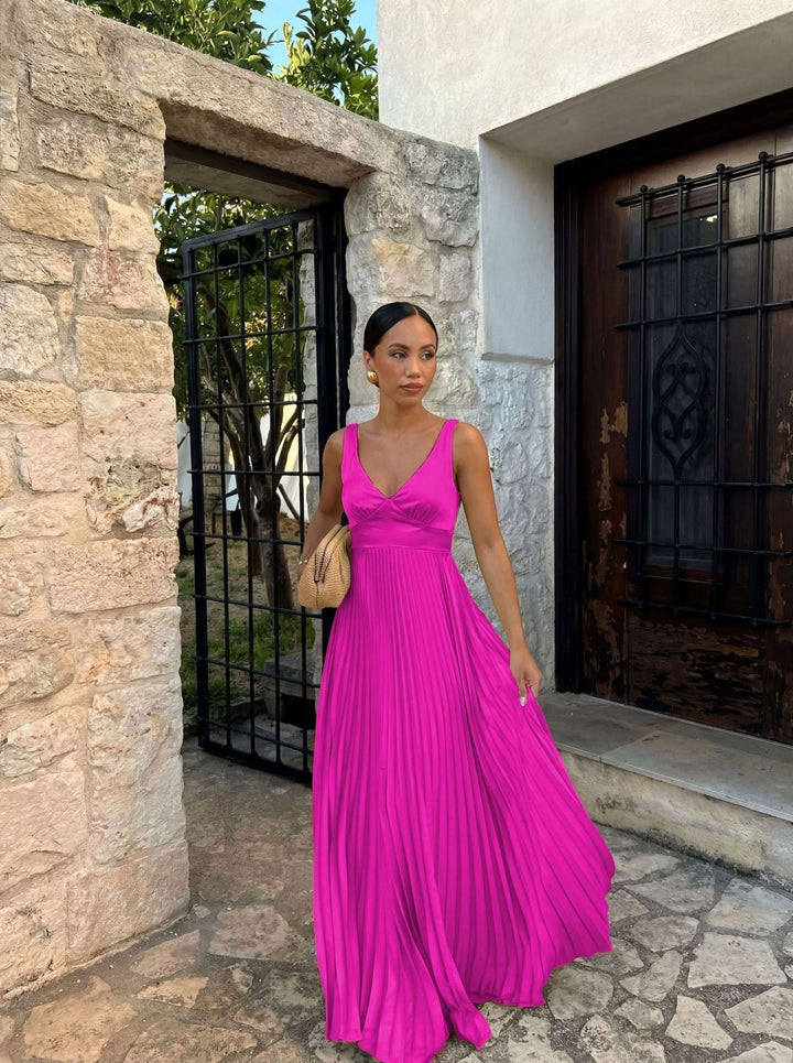 Monique | Women's Pleated Maxi Dress with V-Neckline, Formal Wedding Guest Dress | Everlasting Boutique