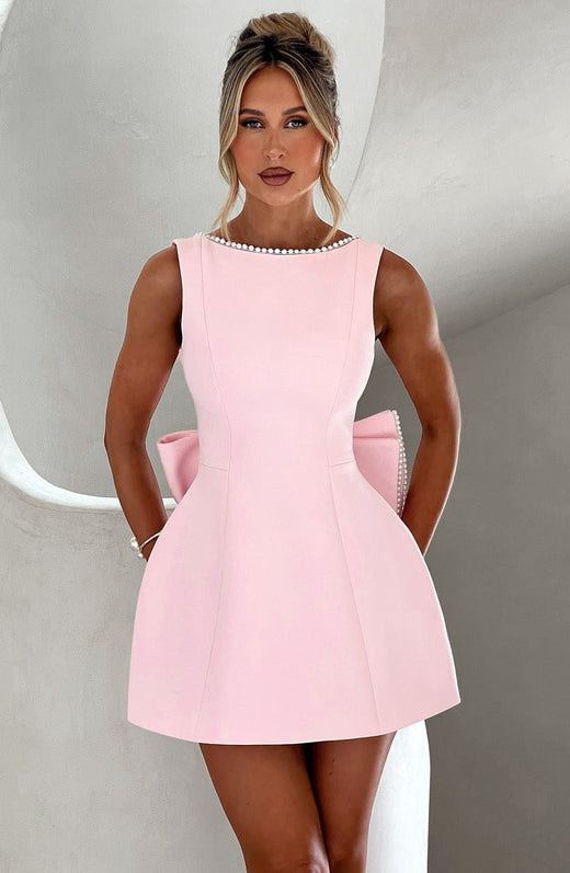 Noemie | Women's A-Line Mini Dress with Pearl Trim, Elegant Autumn Dress | Everlasting Boutique | Pink