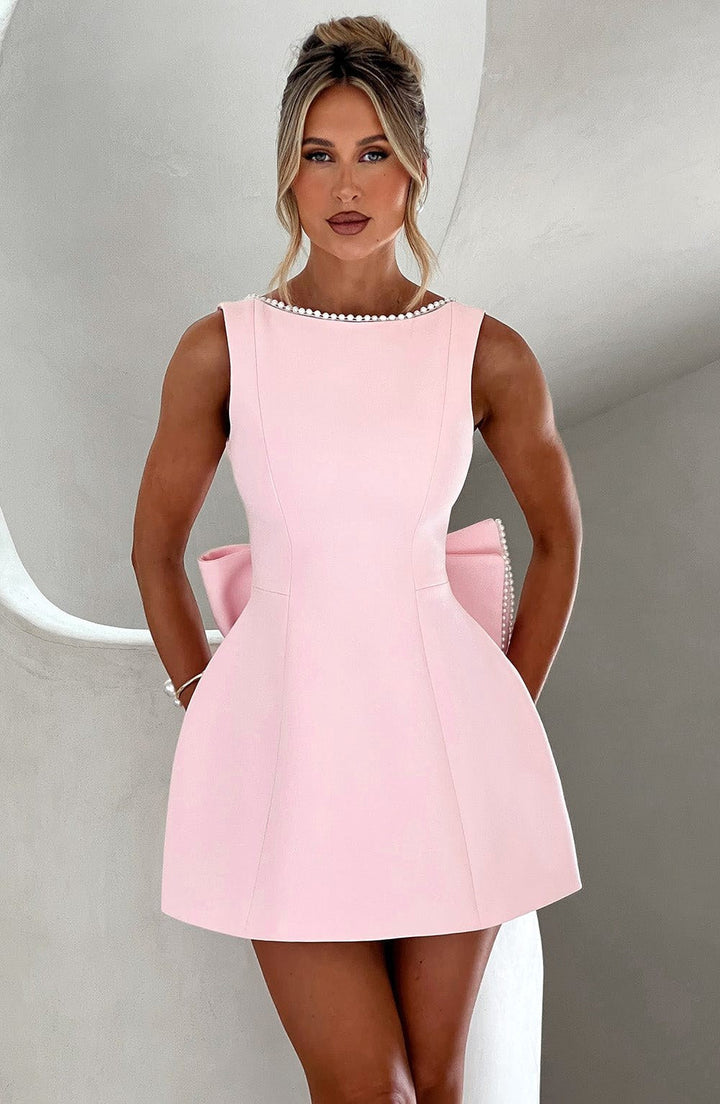 Noemie | Women's A-Line Mini Dress with Pearl Trim, Elegant Autumn Dress | Everlasting Boutique | Pink