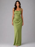 Nora | Women's Satin Maxi Dress with Ruched Waist, Sculpted Evening Dress | Everlasting Boutique | Green