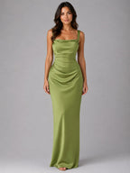 Nora | Women's Satin Maxi Dress with Ruched Waist, Sculpted Evening Dress | Everlasting Boutique | Green