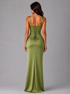 Nora | Women's Satin Maxi Dress with Ruched Waist, Sculpted Evening Dress | Everlasting Boutique | Navy